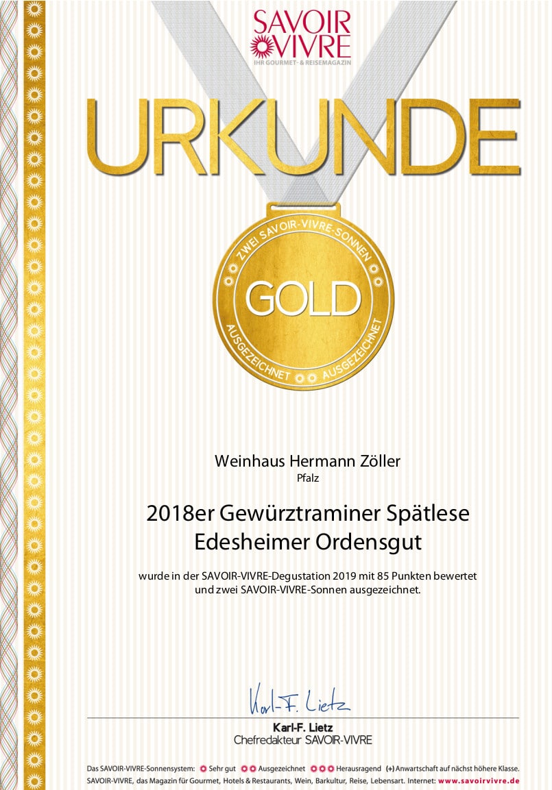 SV-Grosses Gold 2018er Gewürztraminer Spätlese Edesheimer Ordensgut